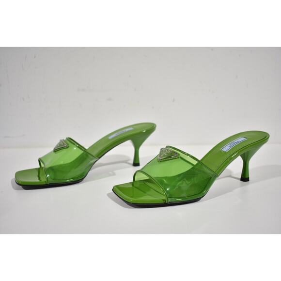 Prada Plexiglas Green PVC Patent Leather Backless Sandal Mule Heel Pump 38.5 - Picture 8 of 12